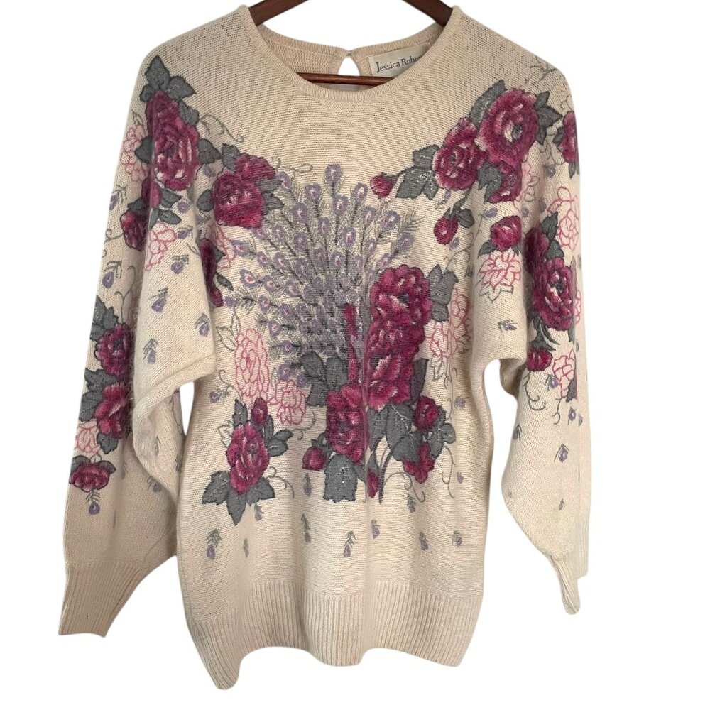 Vtg Jessica Roberts Sweater S Cream Floral Peacock Feathers Angora Rabbit Silk
